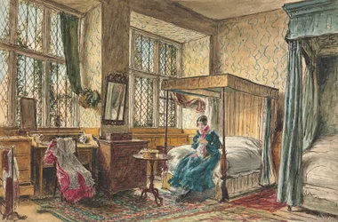 Miss Moore beim Nähen in ihrem Schlafzimmer, Hardwick Hall, Derbyshire