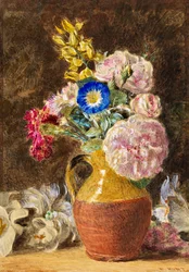 Gemischte Blumen in einem braunen und fawn Krug, ca. 1860