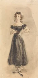 Studie eines jungen Mädchens mit Locken in einem schwarzen Abendkleid
