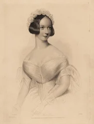Miss Gore. In schulterfreiem Kleid mit enger Taille, Haare mit einem Rosenkranz geschmückt. Stahlstich von William Henry Mote nach einer Illustration von William Drummond aus Charles Heaths English Pearls, or Portraits for the Boudoir, Tilt a
