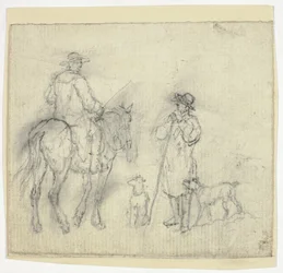 Mann mit Hunden und ein anderer zu Pferd