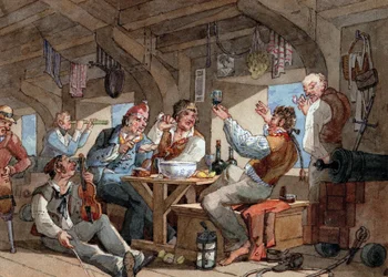 Matrosen trinken an Bord des Unterdecks ihres Schiffes, Szene mit Geigenspieler und Pfeifenraucher, Leinen auf einem Seil und Bordausrüstung (Schwert, Gewehr, Kanone, Lampe)