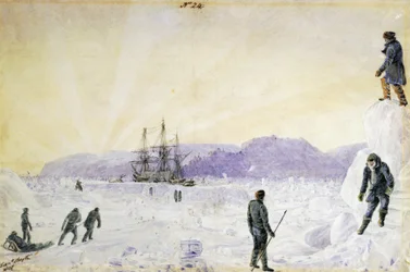 HMS Terror im Eis gefangen in der Nähe von Southampton Island, Nunavut, Kanada. Aquarell von William Smyth, Januar 1837. National Maritime Museum, Greenwich, London
