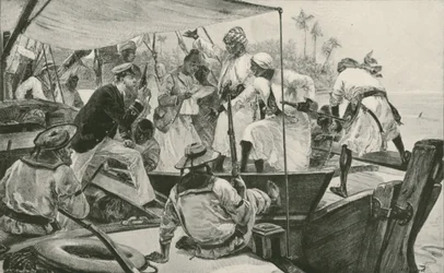 Ein britischer Marineoffizier überprüft eine arabische Sklavendhau (Lithografie)