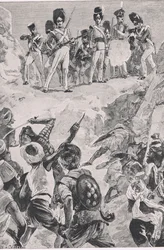 Carmichaels Anhänger feuerten eine Salve in die dichte Menge: Schlacht von Bharatpur 1826, Illustration aus British Battles on Land and Sea, 1915