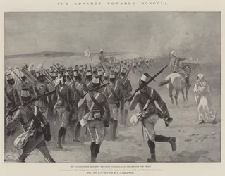Der Vormarsch nach Dongola, das 9. sudanesische Regiment marschiert nach Shellal, um an die Front zu gehen