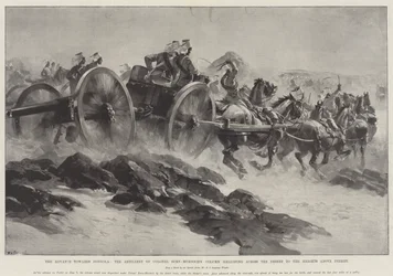 Der Vormarsch nach Dongola, die Artillerie von Oberst Burn-Murdochs Kolonne galoppiert über die Wüste zu den Höhen über Ferket