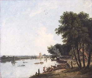 Ein Blick auf die Themse in Chelsea mit der Postmühle bei Nine Elms im Hintergrund