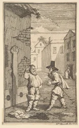 Hudubras und Ralpho streiten Siebzehn kleine Illustrationen für Samuel Butlers Hudibr..., 1721-26