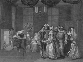 Innenansicht von Somerset House mit Figuren in Maskerade-Kleidung, 1805