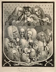 Die Gesellschaft der Bestatter von Georg Friedrich Händel, Karikaturgravur von William Hogarth