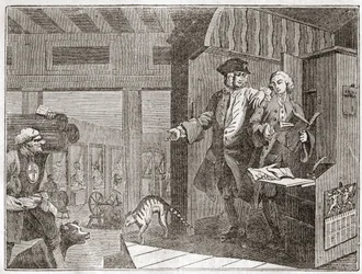Der fleißige Lehrling, ein Favorit und von seinem Meister vertraut, aus der Serie „Fleiß und Faulheit“ - Platte aus einer Serie von 12 Gravuren von William Hogarth (1697-1764), britischer Illustrator, mit dem Titel „Fleiß und Faulheit“