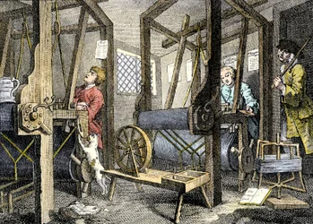 Werkstatt und Arbeiter mit Webmaterial in Spitalfields, England