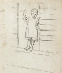 Mädchen in einer Schürze, stehend auf einem Fensterbrett, ca. 1868 - 1869