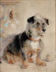 Terrier vor einer Canton Famille Rose Vase
