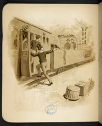 Einsteigen in einen Dampfzug. Der Feiertagszug: ein Lied von Dulce Domum ... Illustriert von W. J. Webb. Frederick Langbridge, London, 1891