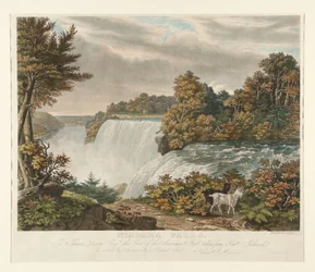 Niagarafälle. Thomas Dixon Esq. ist diese von Goat Island aus aufgenommene Ansicht des American Fall respektvoll gewidmet