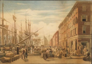 Blick auf die South Street von der Maiden Lane, New York City