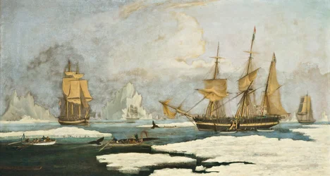 Die Nordwalfischerei: Das Schiff Harmony of Hull und andere im Eis gefangene Walfänger, die Robben, Narwale und Wale auf dem Davis-Straßen-Walfanggebiet vor Grönland jagen