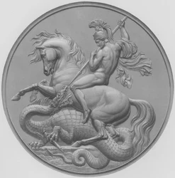 St. Georg, nach der Medaille von W. Wyon, RA, ausgeführt für Seine Königliche Hoheit Prinz Albert, graviert von W. Roffe nach einer Zeichnung von F. Roffe