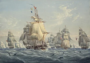 Eine britische Staffel unter vollen Segeln mit Schweinswalen
