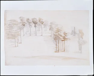 Chiswick, Blick von einem erhöhten Punkt über dem Orangengarten-Tempel (Bleistift und Waschung auf Papier)