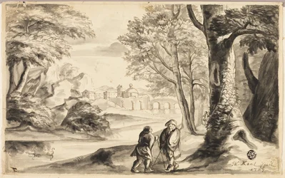 Zwei Reisende unter einem Baum mit Dorf und Brücke in der Ferne