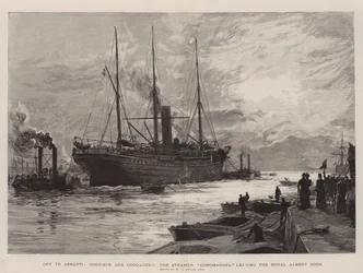 Auf nach Ashanti, Auf Wiedersehen und Viel Glück!, der Dampfer Coromandel verlässt den Royal Albert Dock