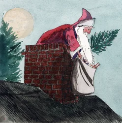 Weihnachtsmann, der durch einen Schornstein hinunterkommt, einen Sack voller Spielzeug und einen Weihnachtsbaum zieht. Aquarell, frühes 20. Jahrhundert, von William Lionel Wyllie (1851-1931).