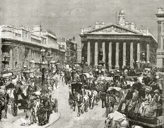 Die Bank of England und die Royal Exchange im neunzehnten Jahrhundert, aus „London Pictures: Drawn with Pen and Pencil“ von Reverend Richard Lovett, veröffentlicht 1890