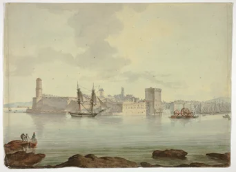 Hafen vor befestigter Stadt