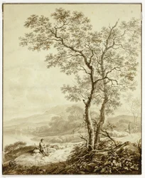 Gewundener Weg neben See, mit großem Baum und rastendem Reisenden im Vordergrund