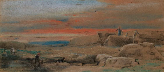 Figuren zwischen Felsen bei Sonnenuntergang