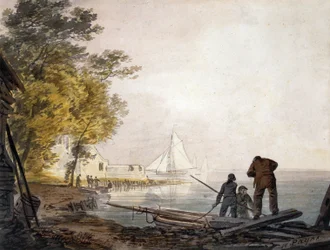 Cowes Castle mit Bootsmännern am Ufer