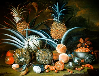Stillleben mit Ananas, Melonen, Pfirsichen, Erdbeeren, Kirschen und anderem Obst