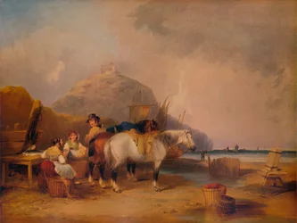 Küstenlandschaft mit Figuren und Pferden, um 1841