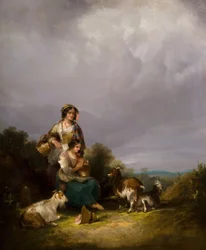 Zwei junge Frauen und Ziegen in einer Landschaft, 1870