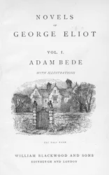 Titelseite von Adam Bede von George Eliot, aus einer Ausgabe ihrer gesammelten Romane, veröffentlicht um 1885. Adam Bede wurde erstmals 1859 veröffentlicht. Die Vignette auf der Titelseite zeigt The Hall Farm, das Zuhause des Bauern Martin Poyser und seine