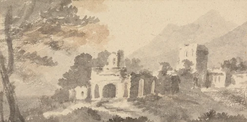 Italienische Landschaft mit Ruine eines Schlosses