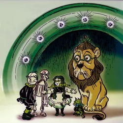 Der wunderbare Zauberer von Oz - Der Zauberer von Oz: Zeichnung von Denslow, William Wallace (1856-1915) für eine der ersten Ausgaben von Frank Baums Buch (1856-1919) - Vor dem Smaragdstadt-Palast Dorothee (Dorothy) und ihre Freunde, der Hund Toto, die Vog