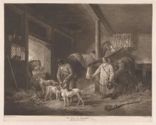 Jäger im Stall bereiten ihre Tiere vor