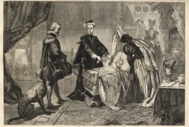 Königin Maria verlässt Stirling Castle - Maria Stuart (Maria I. von Schottland) vor der Wiege ihres Sohnes (Jakob Stuart, Jakob VI und I)