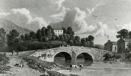 Greta Hall und Keswick Bridge, graviert von E. Francis, 1842