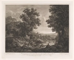Landschaft mit Figuren um ein Feuer und Zeichner und Schalmeispieler am Ufer eines Flusses