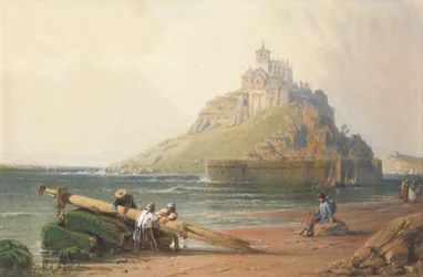 Ansicht von Mont St. Michel mit Figuren am Strand