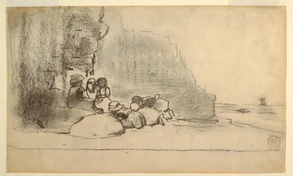 Zeichnung, Kinder spielen am Strand, Cullercoats, England, 1881–1882