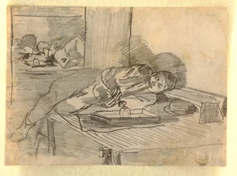 Zeichnung, Chinesischer Mann raucht eine Opium-Pfeife, ein Baxter Street Club House, New York City, ca. 1874
