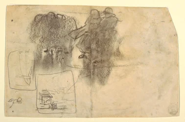 Zeichnung, Figuren im Windschatten eines Gebäudes mit dem Ozean dahinter, Cullercoats, England, 1881