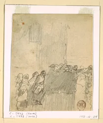 Männer und Frauen blicken aufs Meer, Cullercoats, England