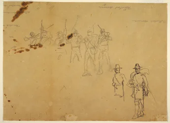 Skizzen von einzelnen Infanteriefiguren und Übungsunterschriften, 1862